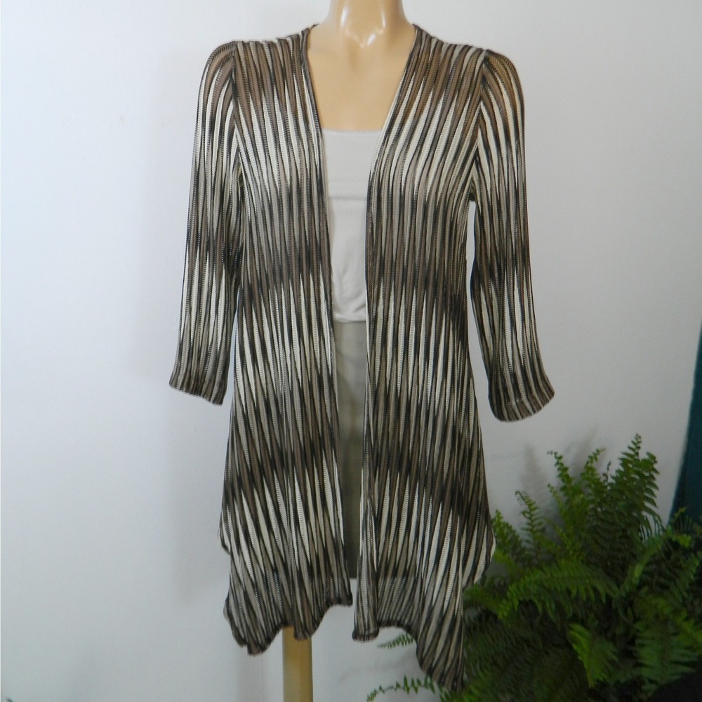 Chicos Travelers Cardigan Womens 0 XS Brown Tan Zigzag Mesh Open Front Draped